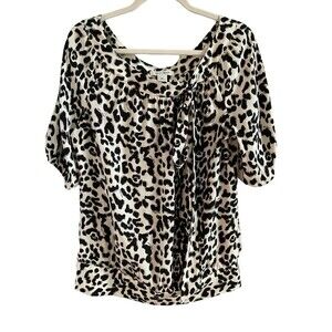 White House Black Market WHBM Leopard Print Boat Neck Side Front Tie Blouse XS
